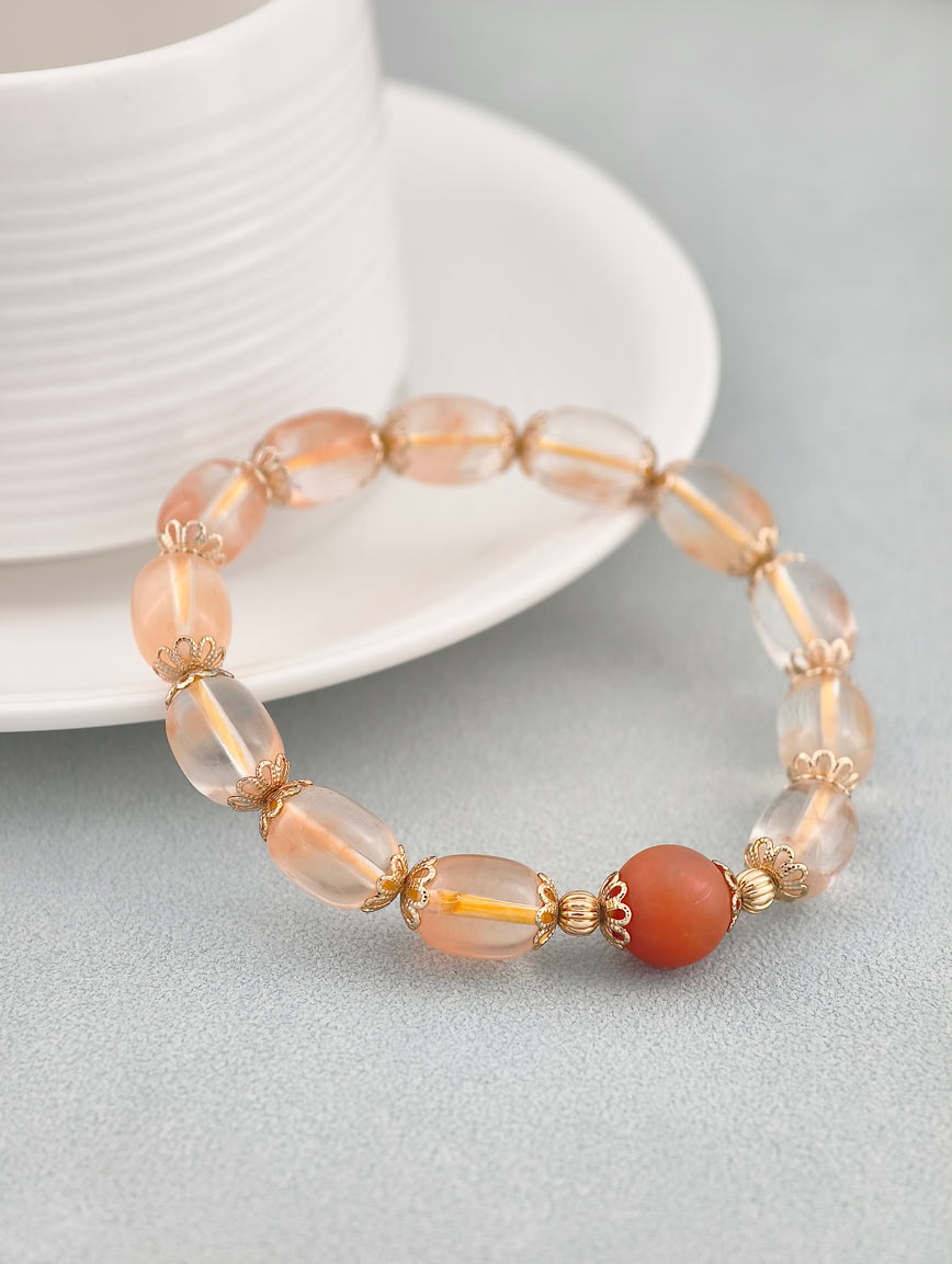 Natural Orange Rabbit Fur and South Red Agate Bracelet