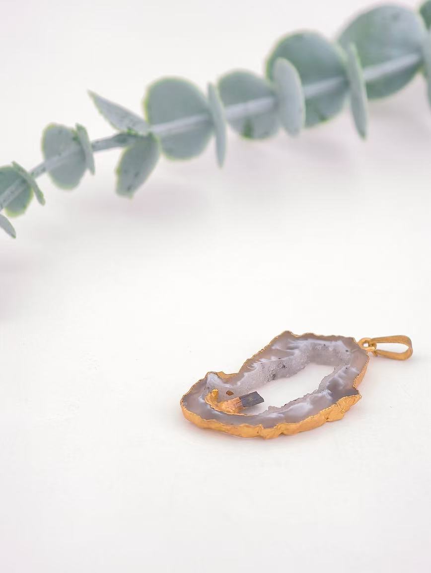 Agate and Black Tourmaline Raw Stone Pendant