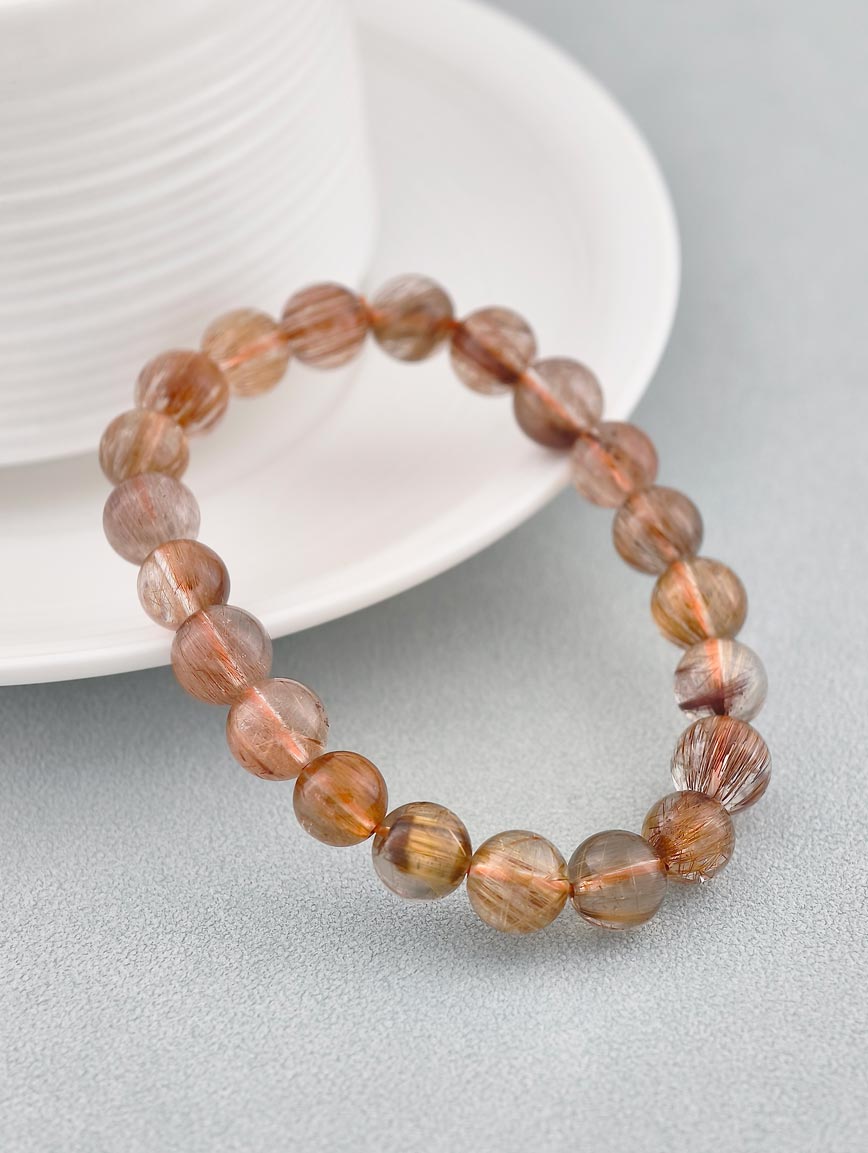 Natural Brazilian Copper Rutilated Quartz Round Bead Bracelet