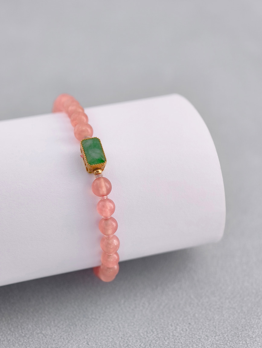 Natural Rhodochrosite and 18K Gold Inlaid Jadeite Bracelet