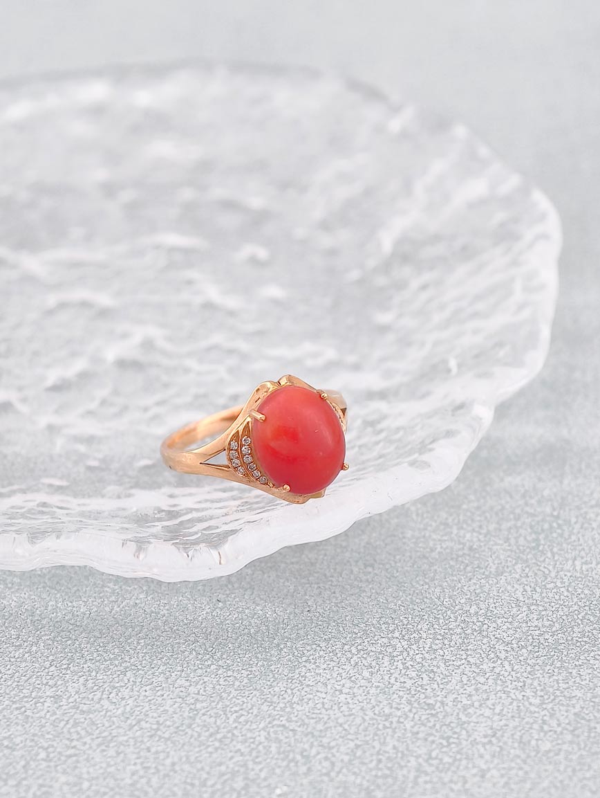 Natural Red Coral Diamond Simple Ring