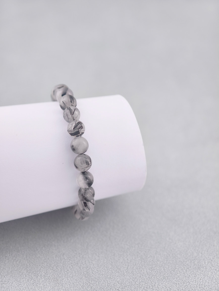 Natural Black Rutilated Quartz Round Bead Bracelet