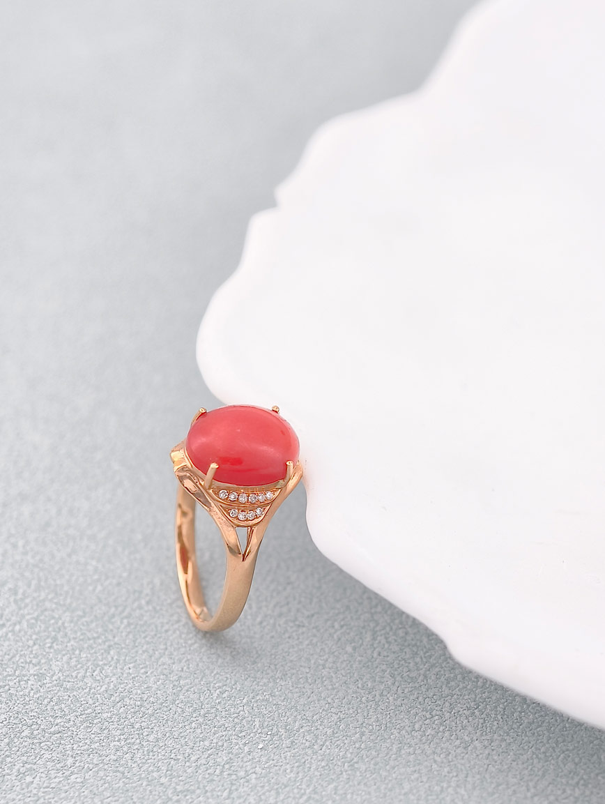 Natural Red Coral Diamond Simple Ring