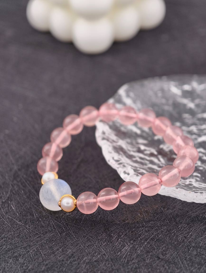 Rose Quartz and Moonstone 18K Gold Inlaid Pearl Bracelet