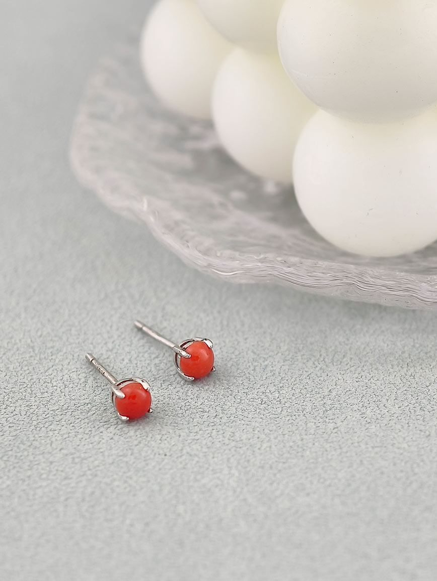Natural Red Coral Sterling Silver Earrings