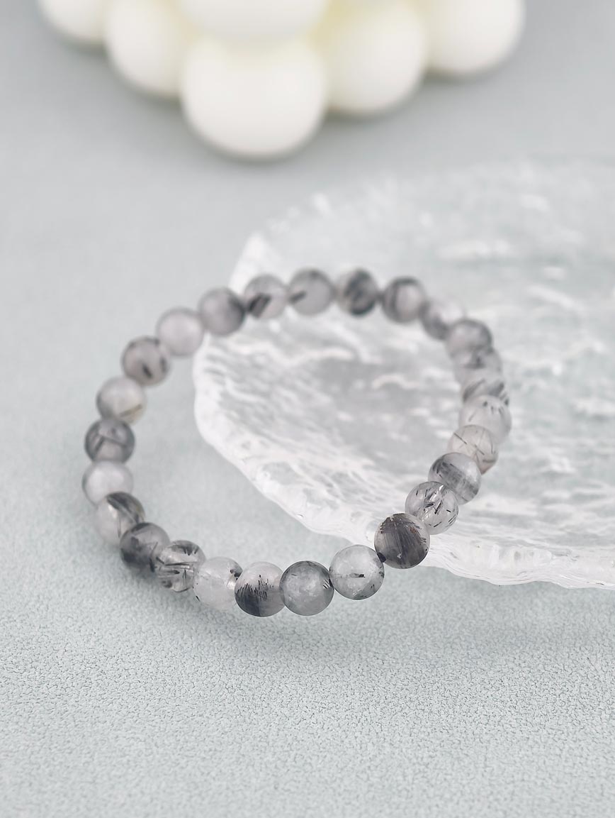 Natural Black Rutilated Quartz Round Bead Bracelet