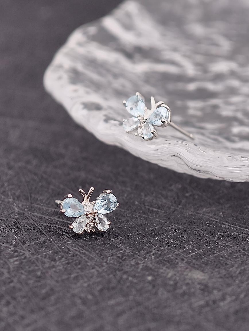 Natural Aquamarine Butterfly Sterling Silver Earrings