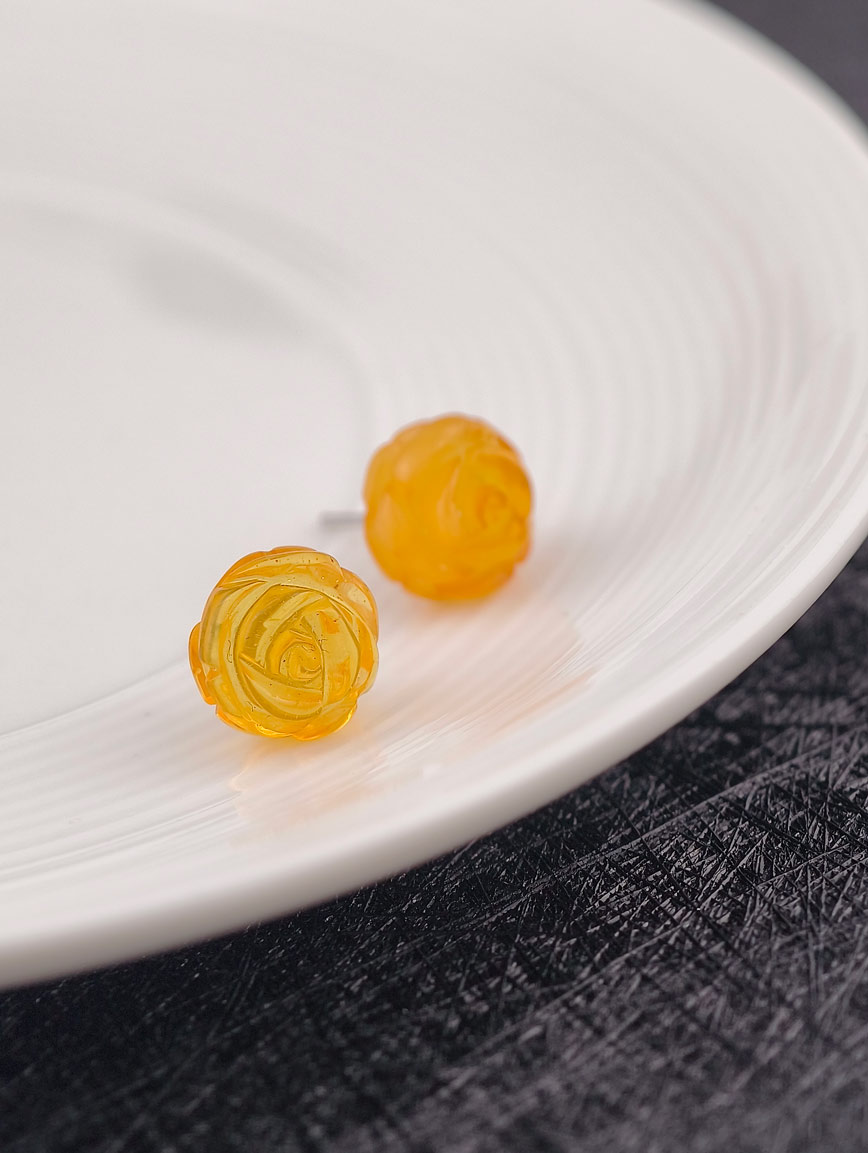 Natural Flower Shaped Amber Sterling Silver Earrings