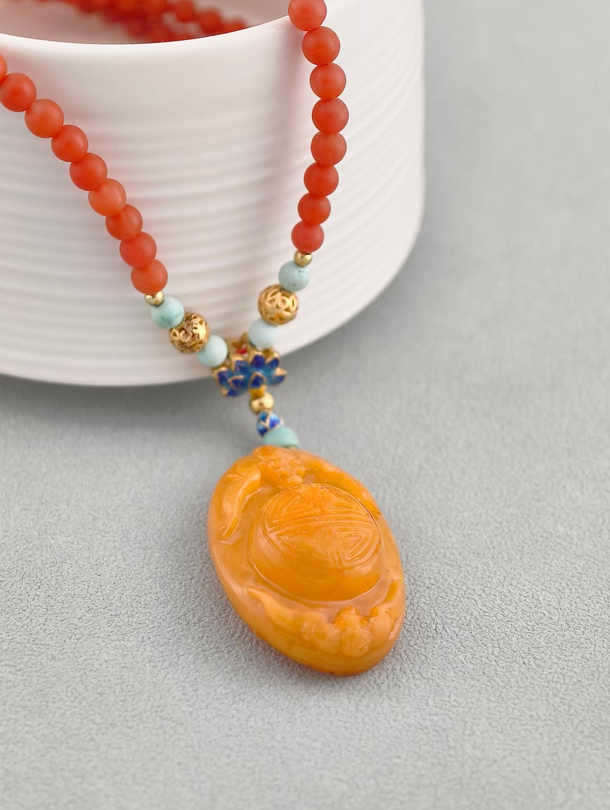 Natural Amber with South Red Agate and Turquoise Necklace