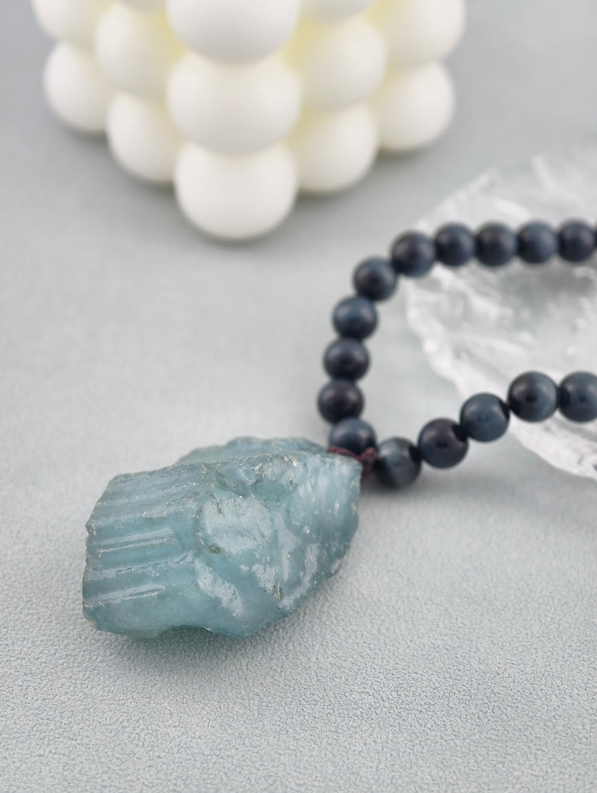 Natural Aquamarine with Premium Hawk's Eye and South Red Agate Necklace