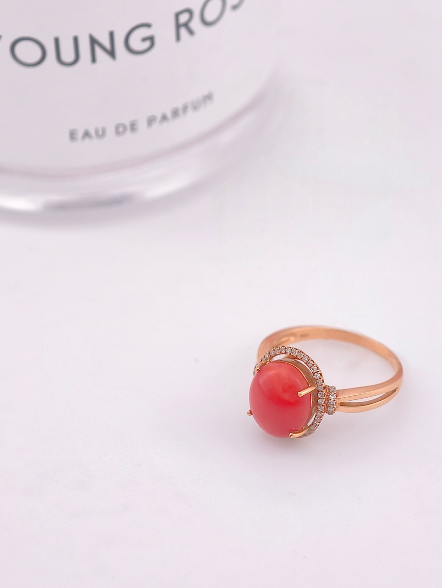Natural Red Coral Diamond Ring