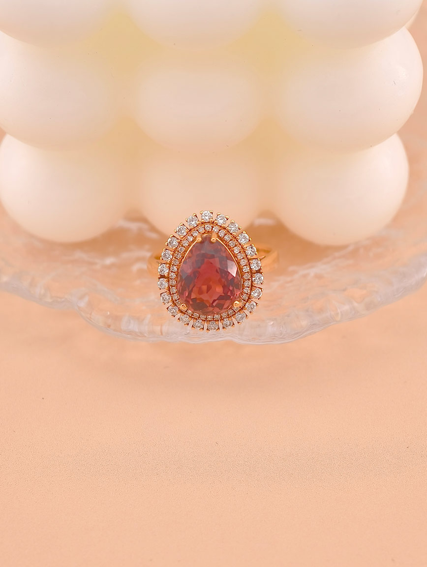 18k Gold Inlaid Drop-Shaped Red Tourmaline Ring