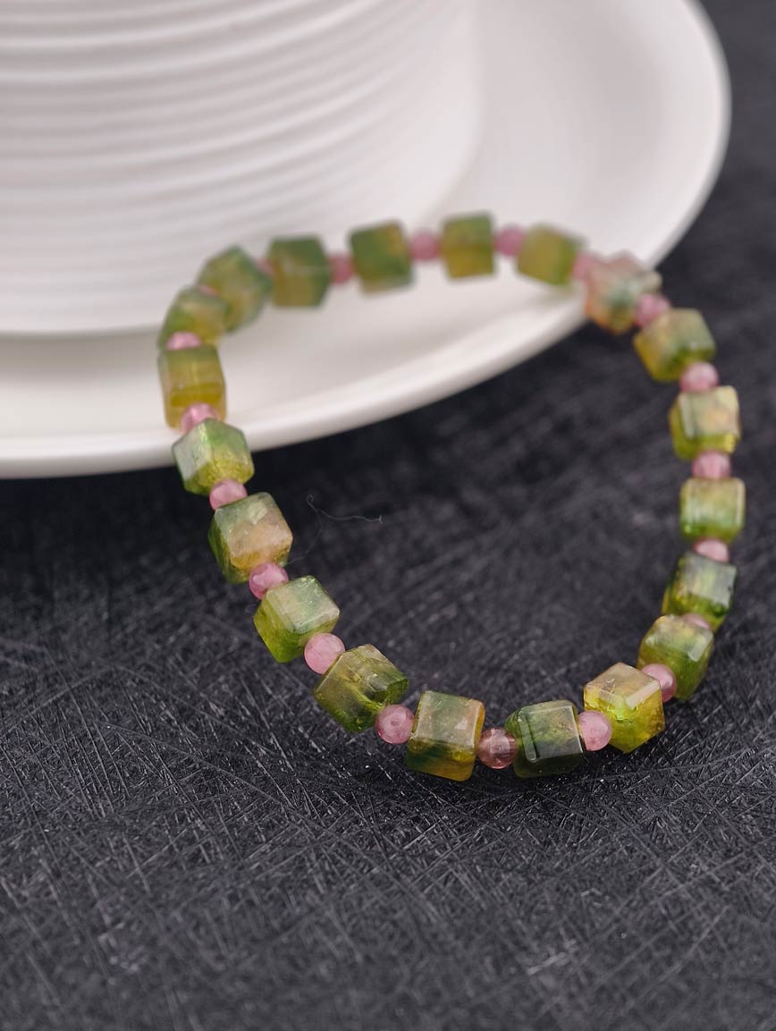 Yellow-Green Cube Cut Tourmaline and Pink Tourmaline Bracelet