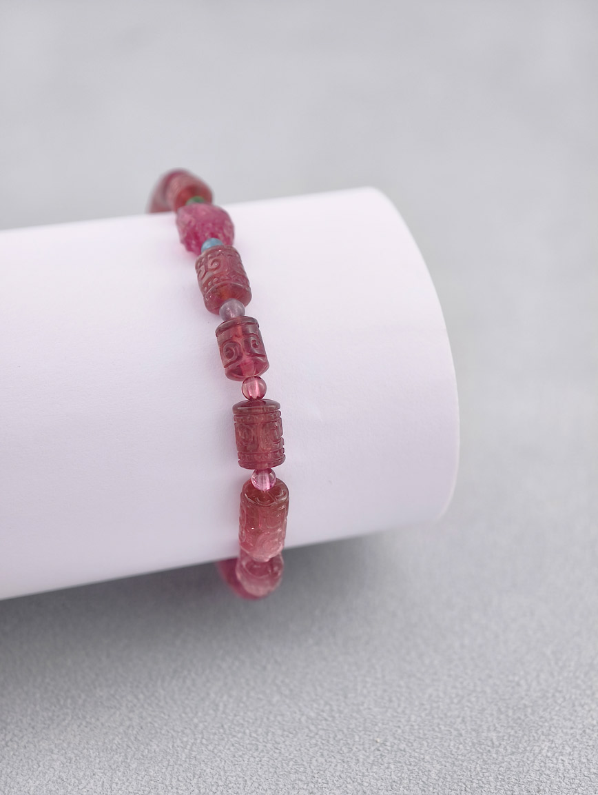 Natural Pink Tourmaline Good Luck Bead Bracelet