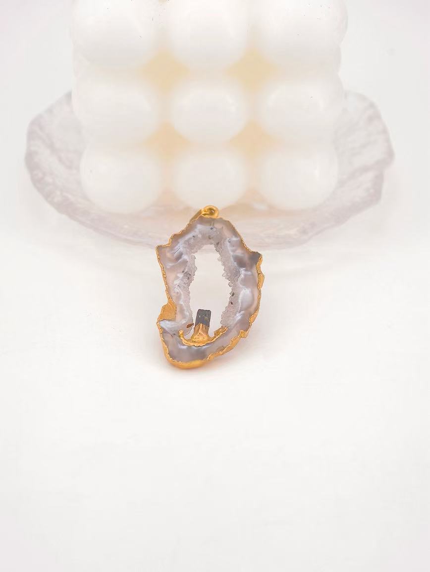 Agate and Black Tourmaline Raw Stone Pendant