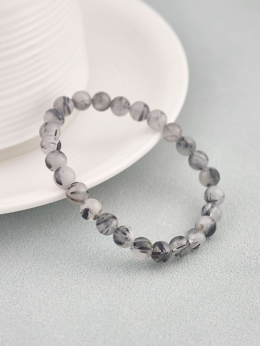 Natural Black Rutilated Quartz Round Bead Bracelet