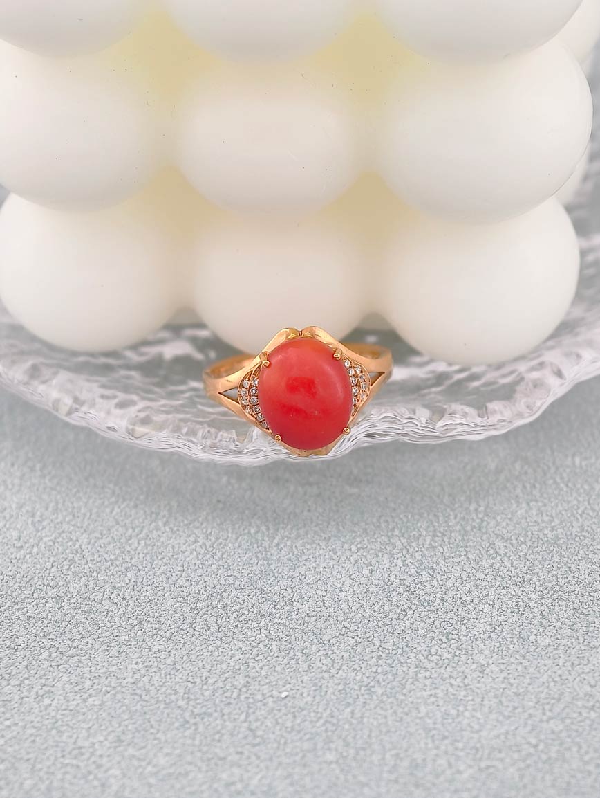 Natural Red Coral Diamond Simple Ring