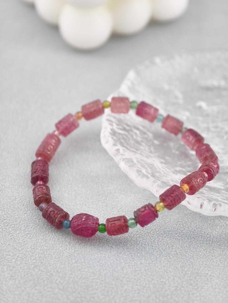 Natural Pink Tourmaline Good Luck Bead Bracelet