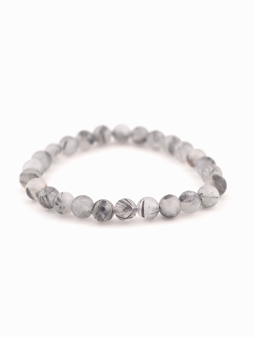Natural Black Rutilated Quartz Round Bead Bracelet