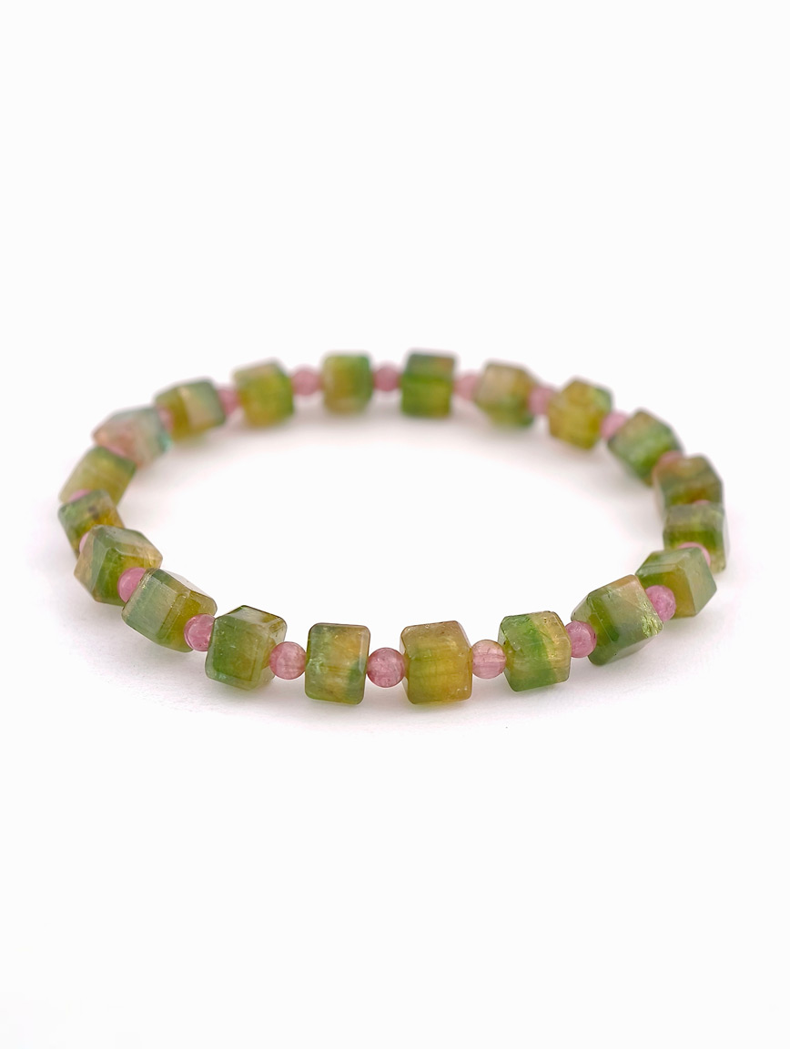 Yellow-Green Cube Cut Tourmaline and Pink Tourmaline Bracelet