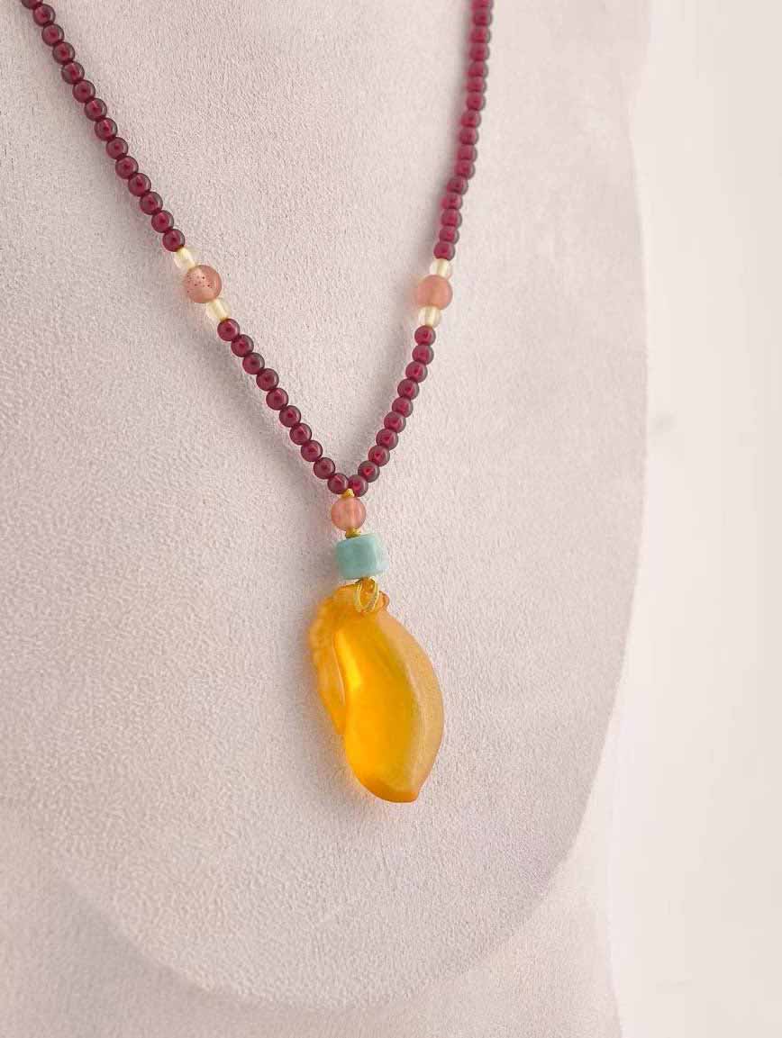 Amber Pendant with Turquoise South Red Agate and Garnet Necklace
