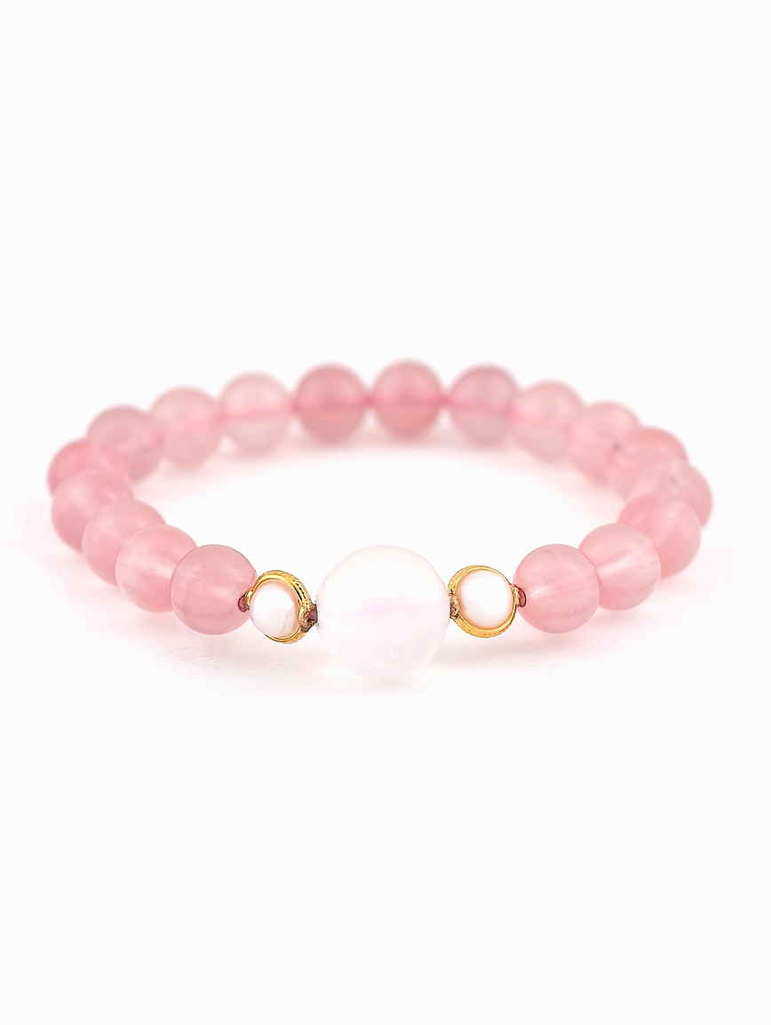 Rose Quartz and Moonstone 18K Gold Inlaid Pearl Bracelet
