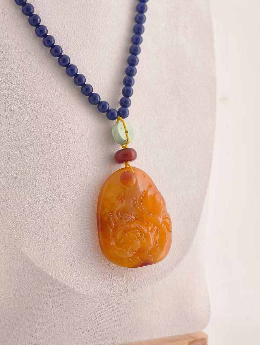 Amber Pendant with South Red Agate Turquoise and Lapis Lazuli Necklace