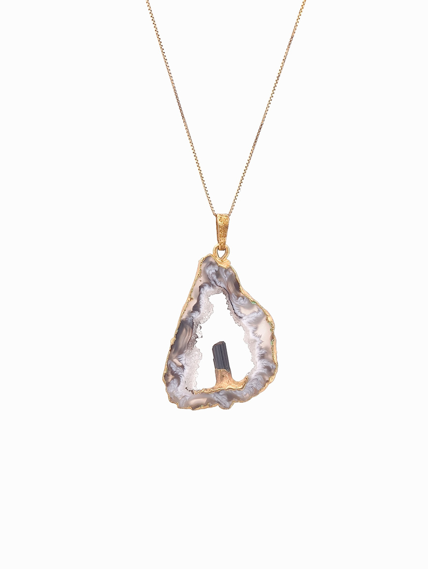 Natural Agate and Black Tourmaline Raw Stone Pendant